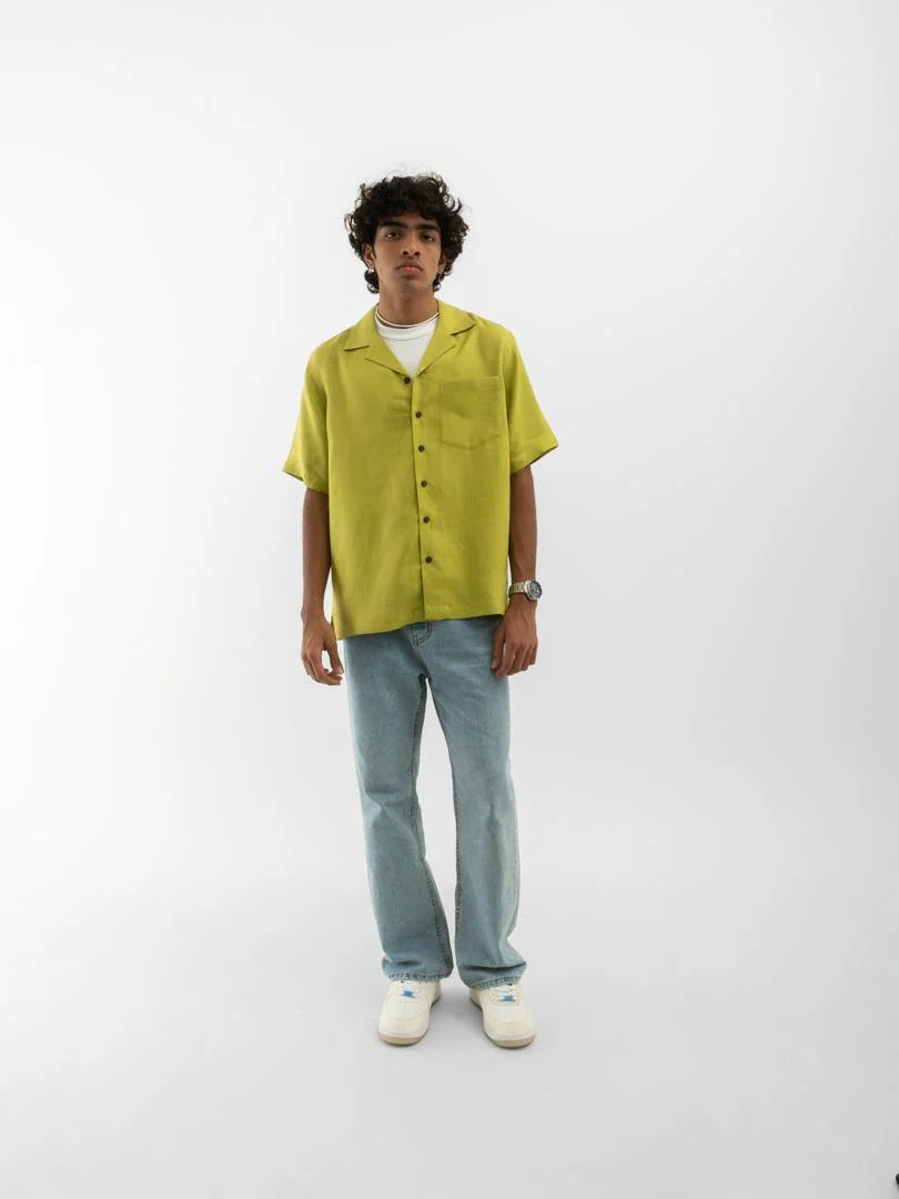 Cuban Collar-Half Sleeves Shirt Green