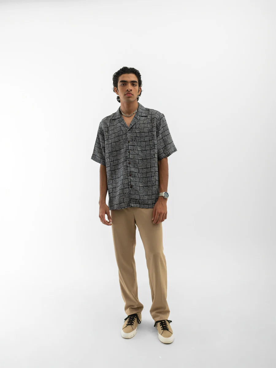 Abstract Print Half Sleeves Shirt Black