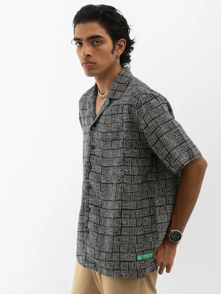 Abstract Print Half Sleeves Shirt Black
