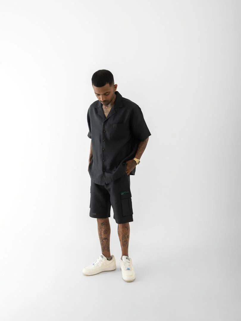 Cuban Collar-Half Sleeves Shirt Black