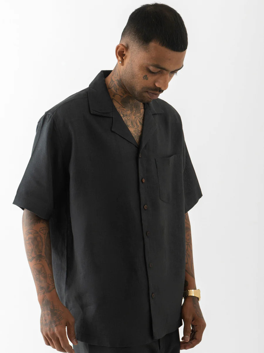 Cuban Collar-Half Sleeves Shirt Black