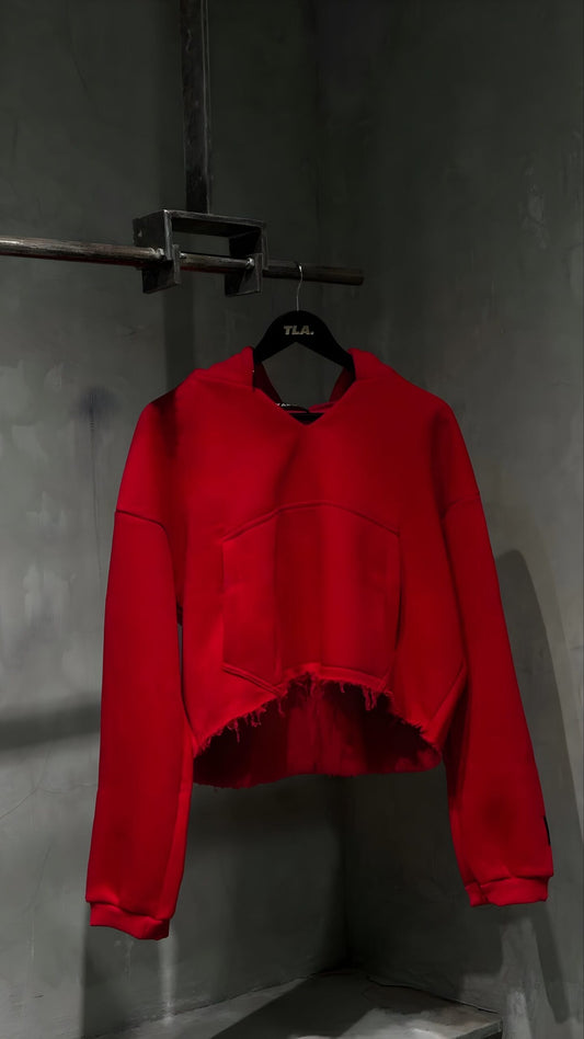 Red Distressed Crop Hoodie