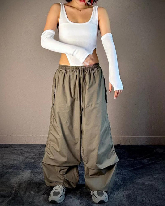 Moss Green Flared Parachute Pants