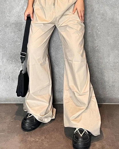 Beige Flared Parachute Pants