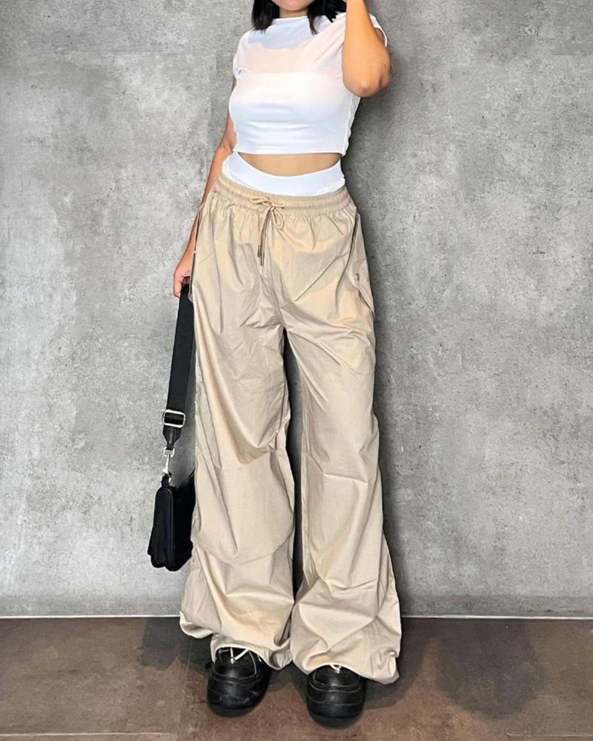 Beige Flared Parachute Pants