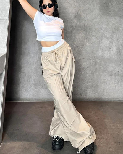 Beige Flared Parachute Pants