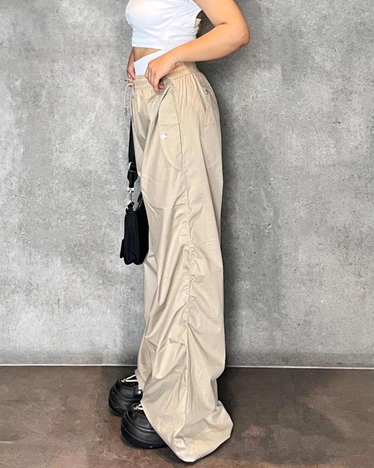 Beige Flared Parachute Pants