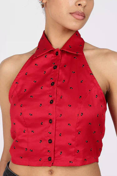 HALTER NECK SLEEVELESS CROPPED SHIRT