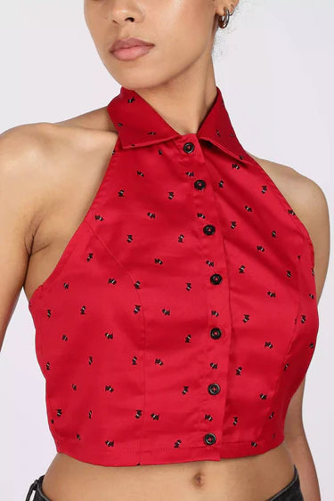 HALTER NECK SLEEVELESS CROPPED SHIRT