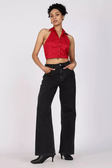 HALTER NECK SLEEVELESS CROPPED SHIRT