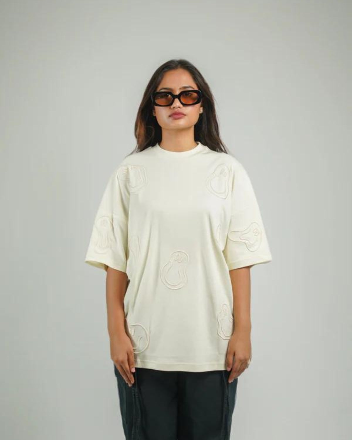 Cream Smiley Embroidered Tee