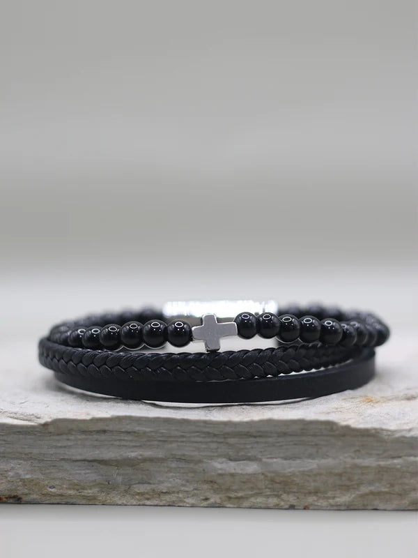 Black Beaded Cross Bracelet