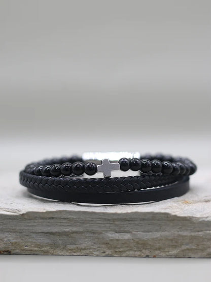 Black Beaded Cross Bracelet