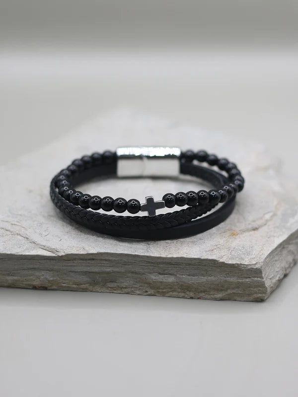 Black Beaded Cross Bracelet