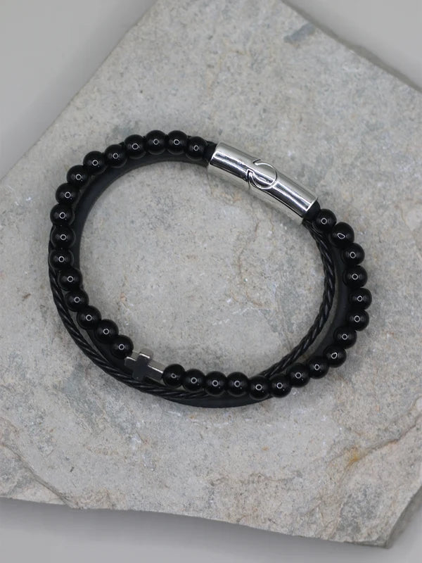 Black Beaded Cross Bracelet