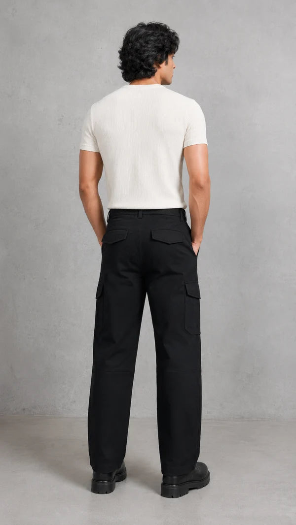 Six Pocket Black Cargo With Flap