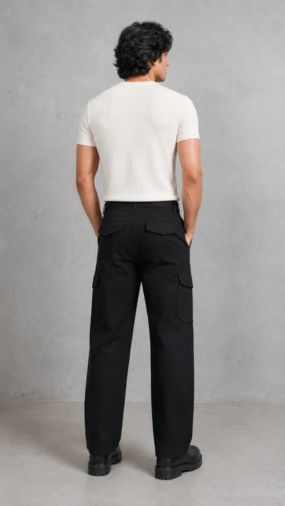 Six Pocket Black Cargo With Flap