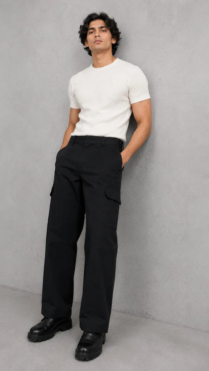 Six Pocket Black Cargo With Flap