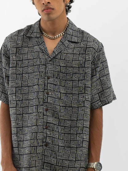 Abstract Print Half Sleeves Shirt Black