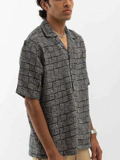 Abstract Print Half Sleeves Shirt Black