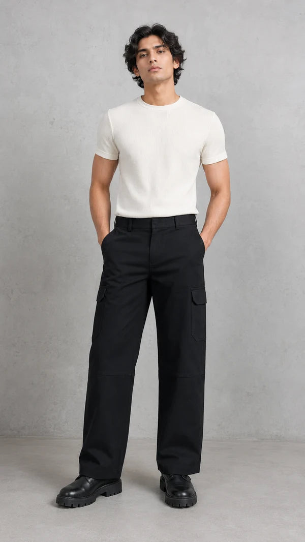 Six Pocket Black Cargo With Flap