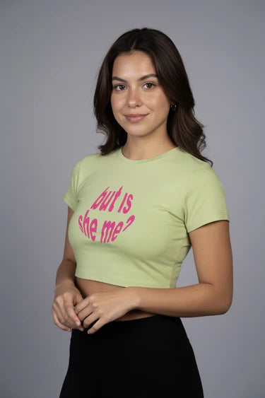 BUT IS SHE ME ? GRAPHIC CROP TOP