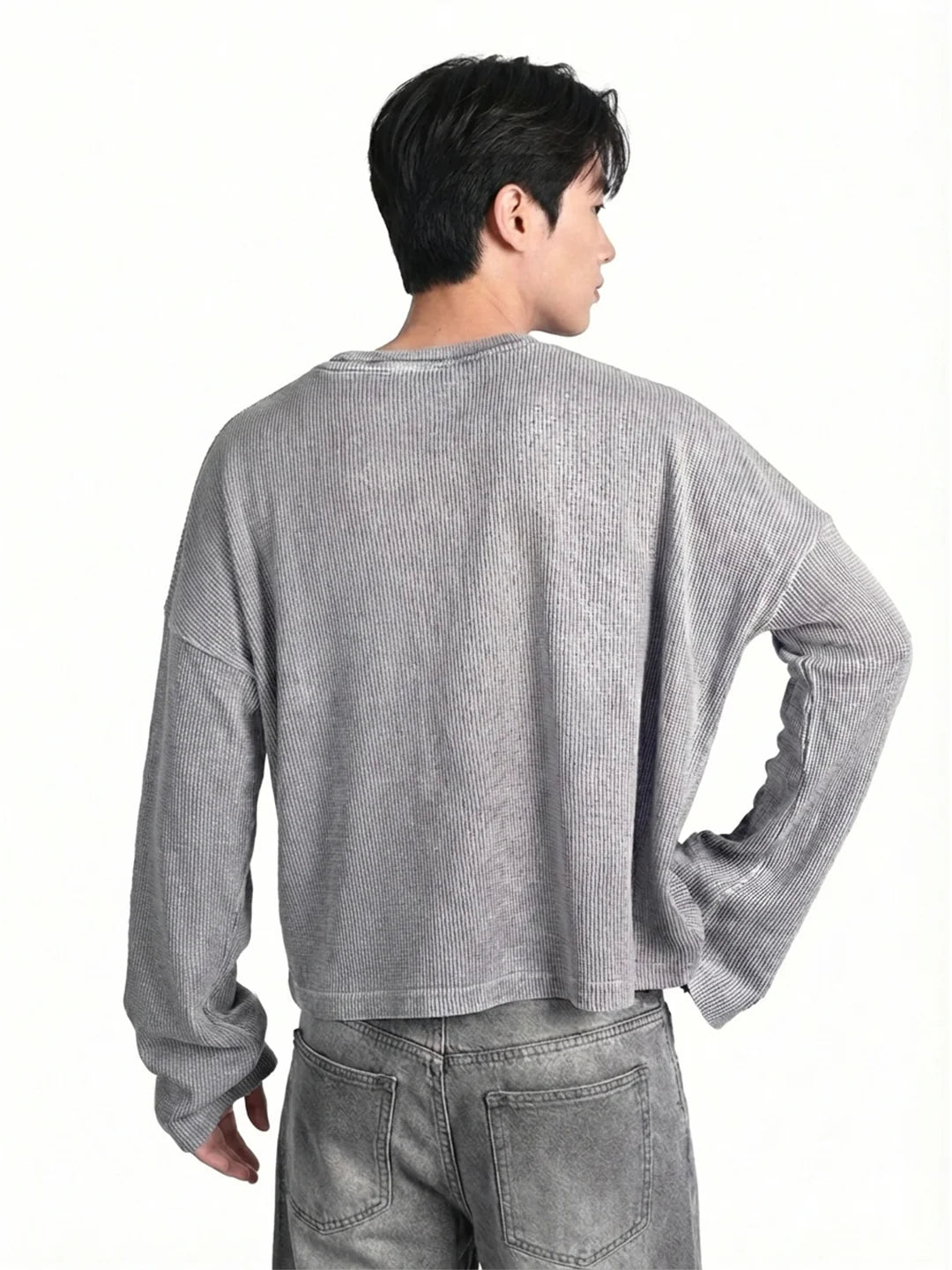 Grey Washed Crop Waffle T-shirt