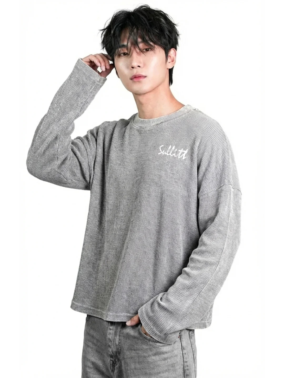 Grey Washed Crop Waffle T-shirt