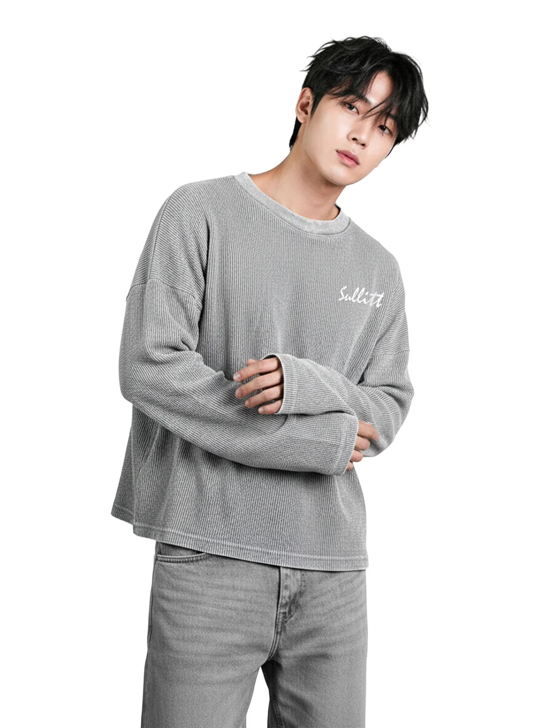 Grey Washed Crop Waffle T-shirt