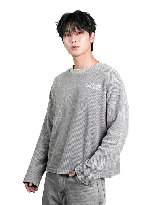 Grey Washed Crop Waffle T-shirt