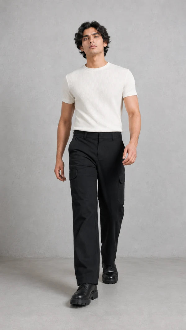 Six Pocket Black Cargo With Flap