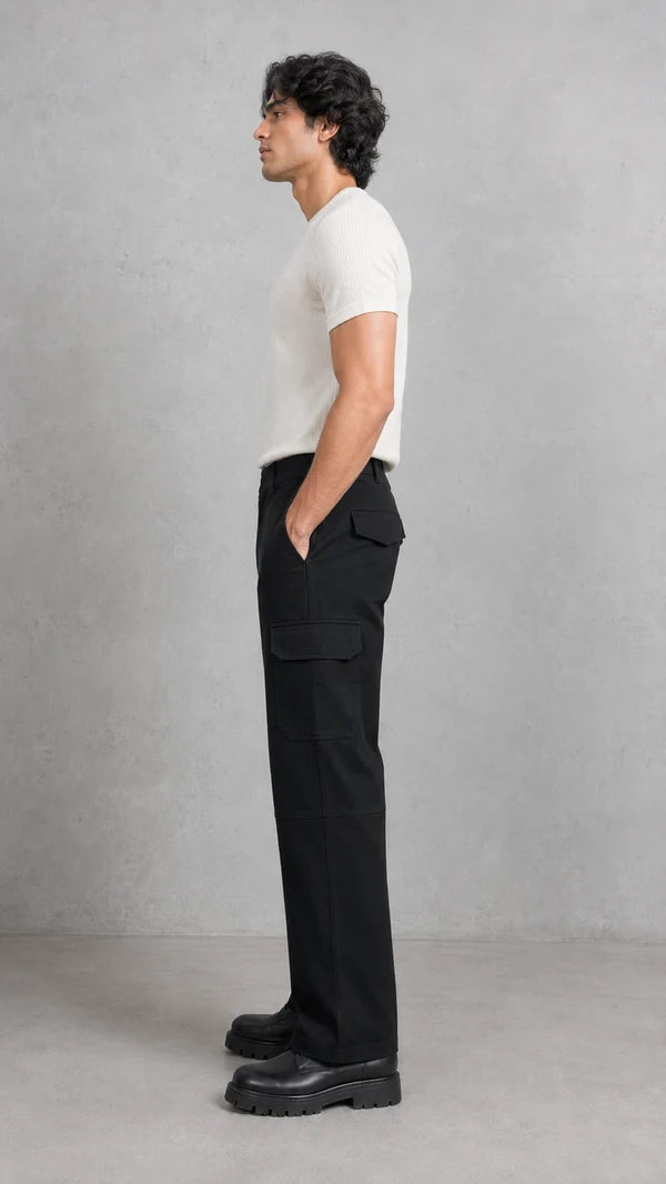 Six Pocket Black Cargo With Flap