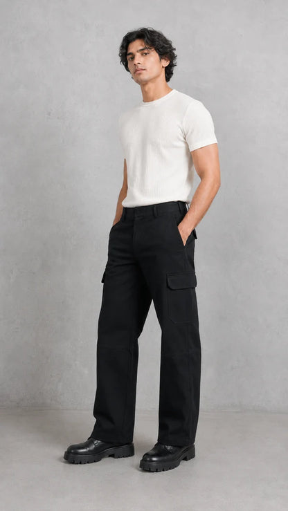Six Pocket Black Cargo With Flap