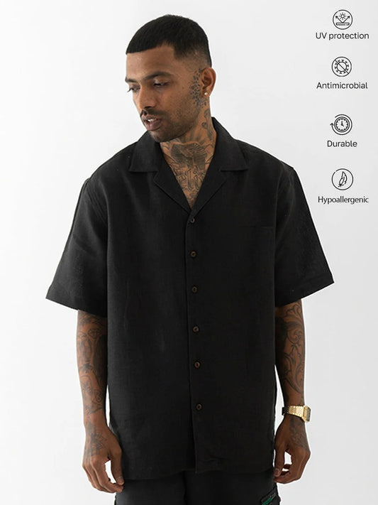 Cuban Collar-Half Sleeves Shirt Black