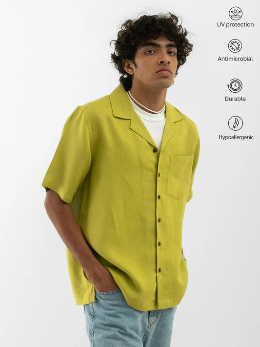 Cuban Collar-Half Sleeves Shirt Green