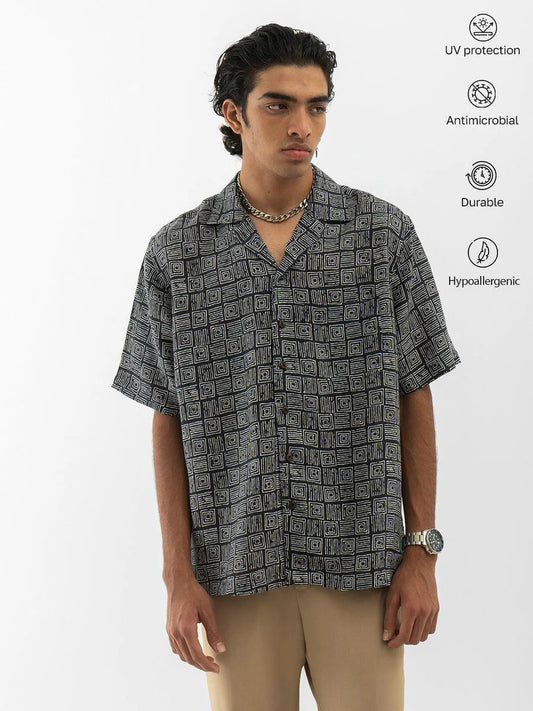 Abstract Print Half Sleeves Shirt Black